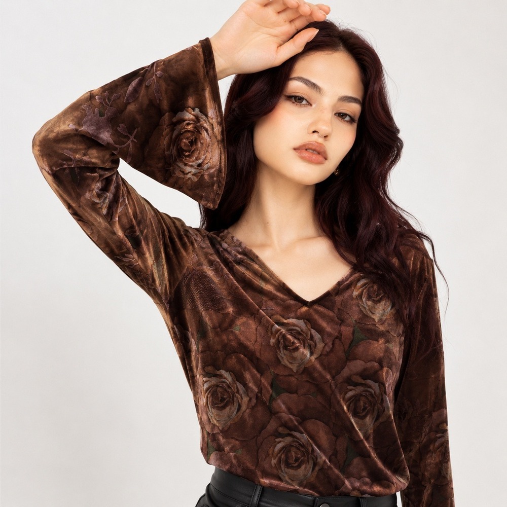 RAG Brown Velvet Floral Rose V-Neck Top Bell Sleeve Vintage Sz L Whimsigoth